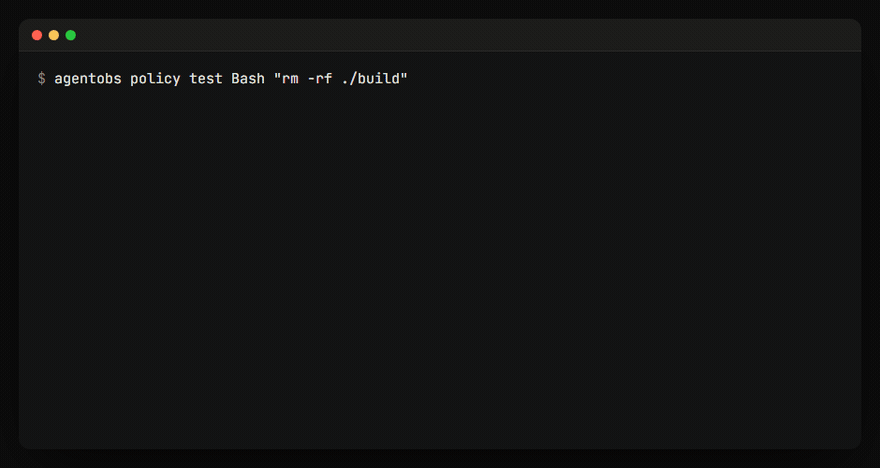 Terminal demo: agentobs policy test blocks an rm -rf command, then agentobs stats shows cost, calls, errors and blocked totals.